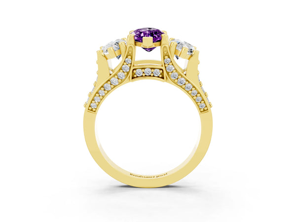 Yellow gold Marquise Cut Amethyst Three-Stone Ring with Channel Set Band and Four-Prong Setting