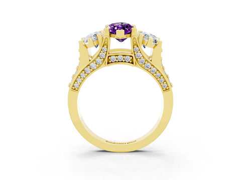 Yellow gold Marquise Cut Amethyst Three-Stone Ring with Channel Set Band and Four-Prong Setting_3