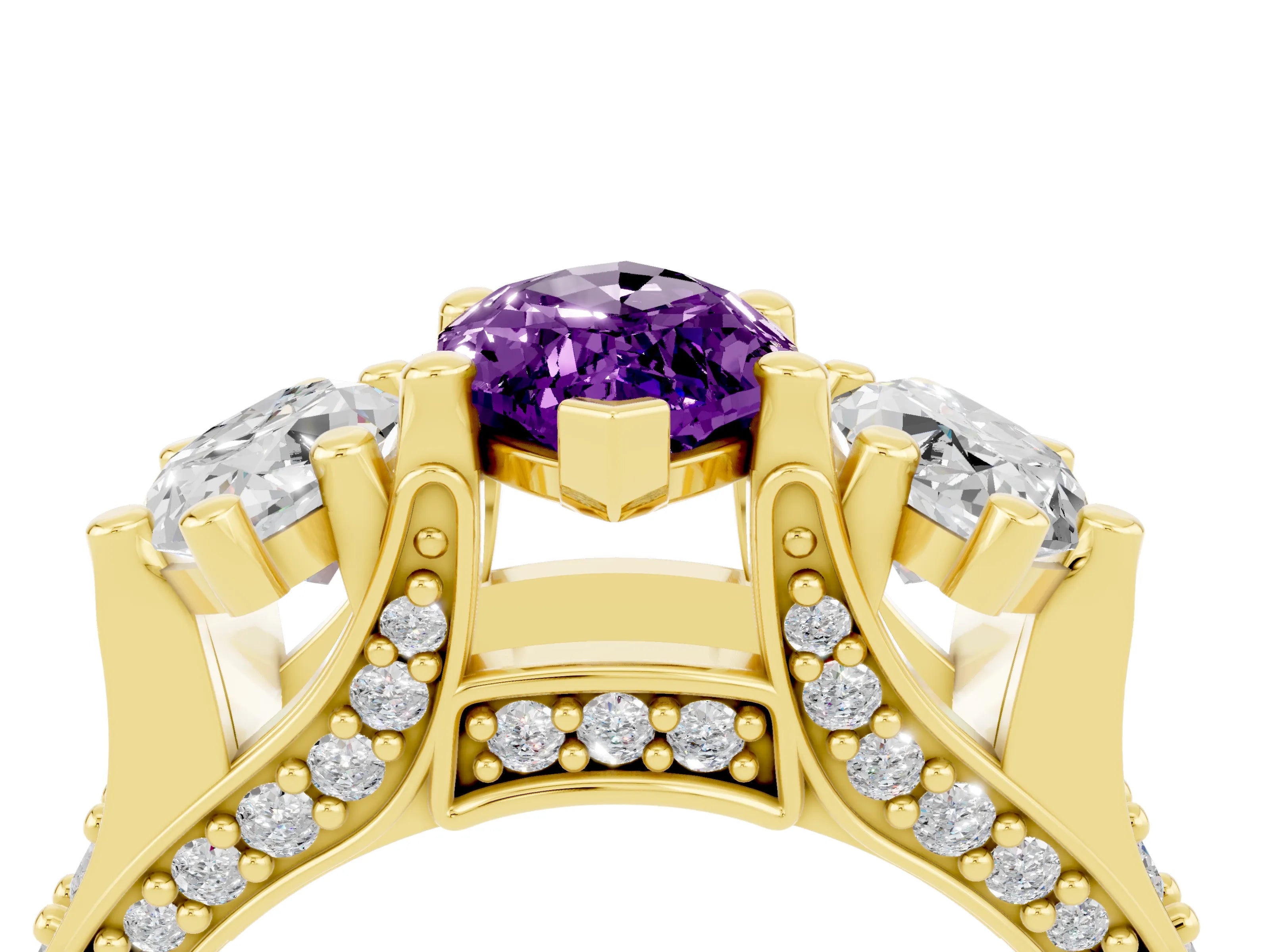 Yellow gold Marquise Cut Amethyst Three-Stone Ring with Channel Set Band and Four-Prong Setting_4