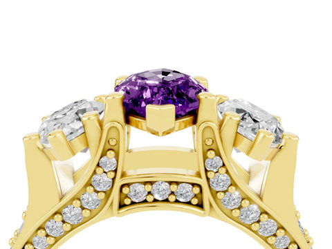 Yellow gold Marquise Cut Amethyst Three-Stone Ring with Channel Set Band and Four-Prong Setting_4
