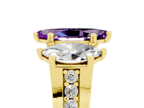 Yellow gold Marquise Cut Amethyst Three-Stone Ring with Channel Set Band and Four-Prong Setting_5