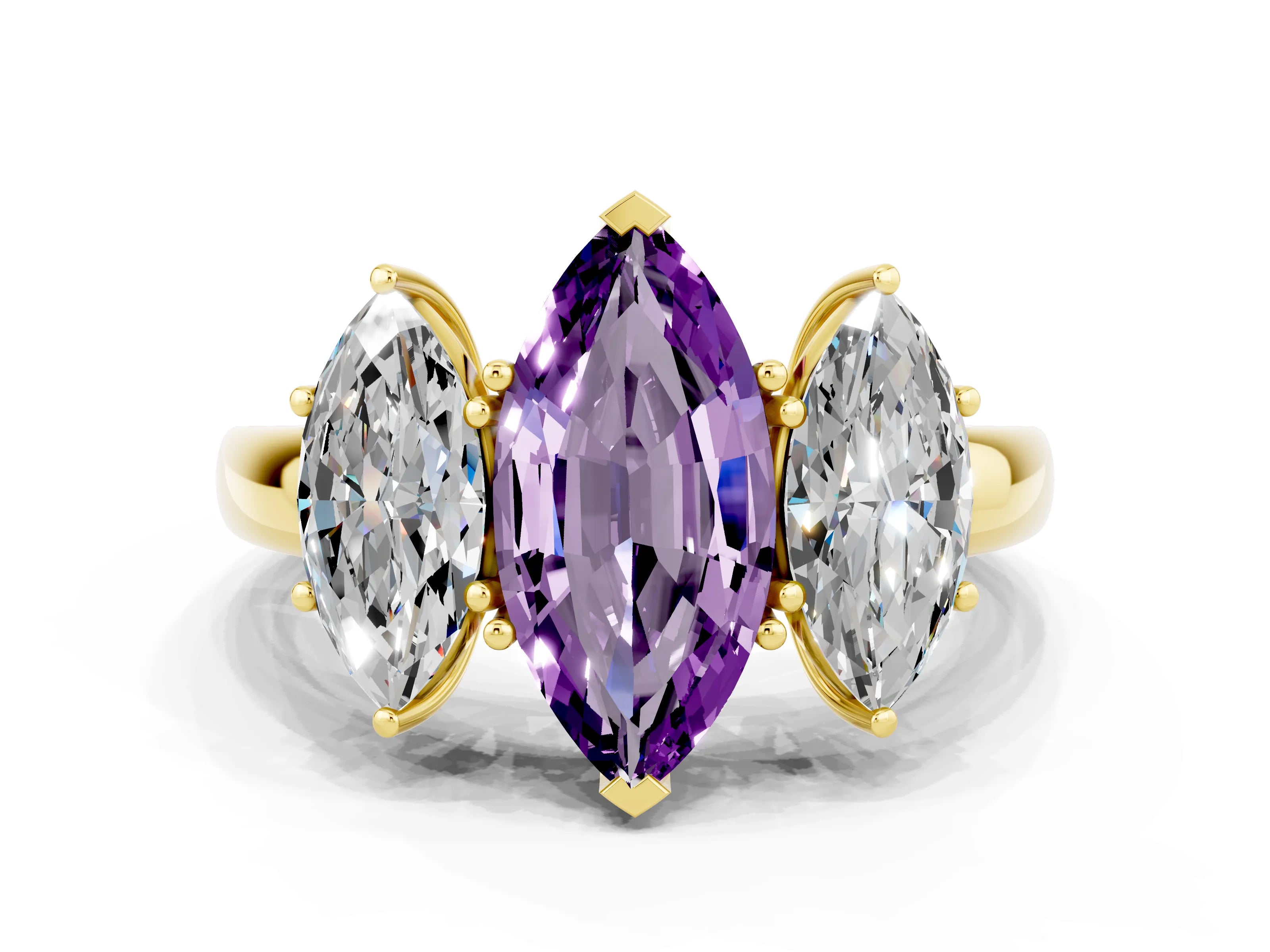 Yellow gold Marquise Cut Amethyst Three-Stone Ring with Four-Prong Setting and Classic Band