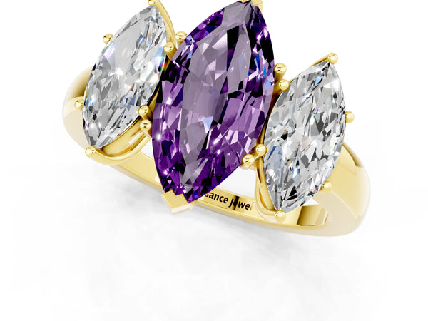 Yellow gold Marquise Cut Amethyst Three-Stone Ring with Four-Prong Setting and Classic Band