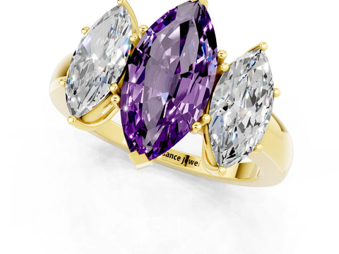 Yellow gold Marquise Cut Amethyst Three-Stone Ring with Four-Prong Setting and Classic Band_1