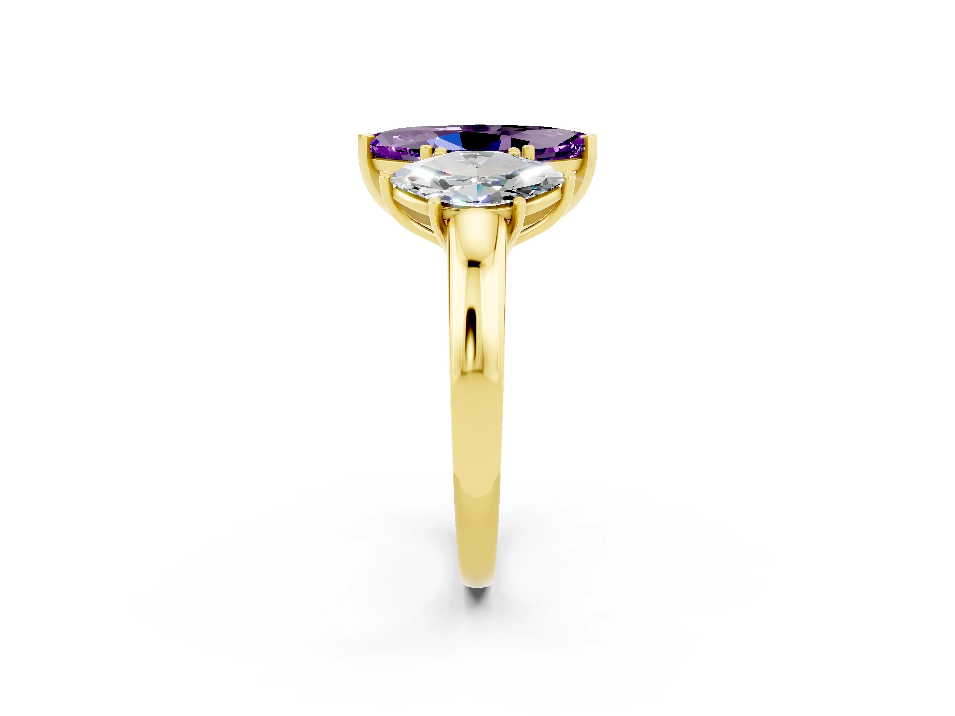 Yellow gold Marquise Cut Amethyst Three-Stone Ring with Four-Prong Setting and Classic Band_2