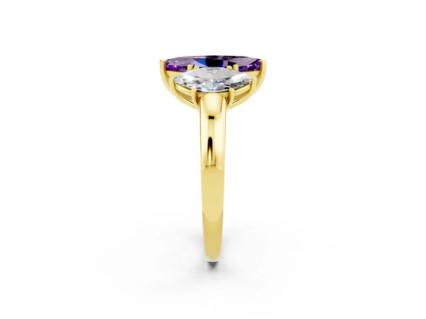 Yellow gold Marquise Cut Amethyst Three-Stone Ring with Four-Prong Setting and Classic Band