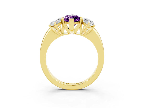 Yellow gold Marquise Cut Amethyst Three-Stone Ring with Four-Prong Setting and Classic Band