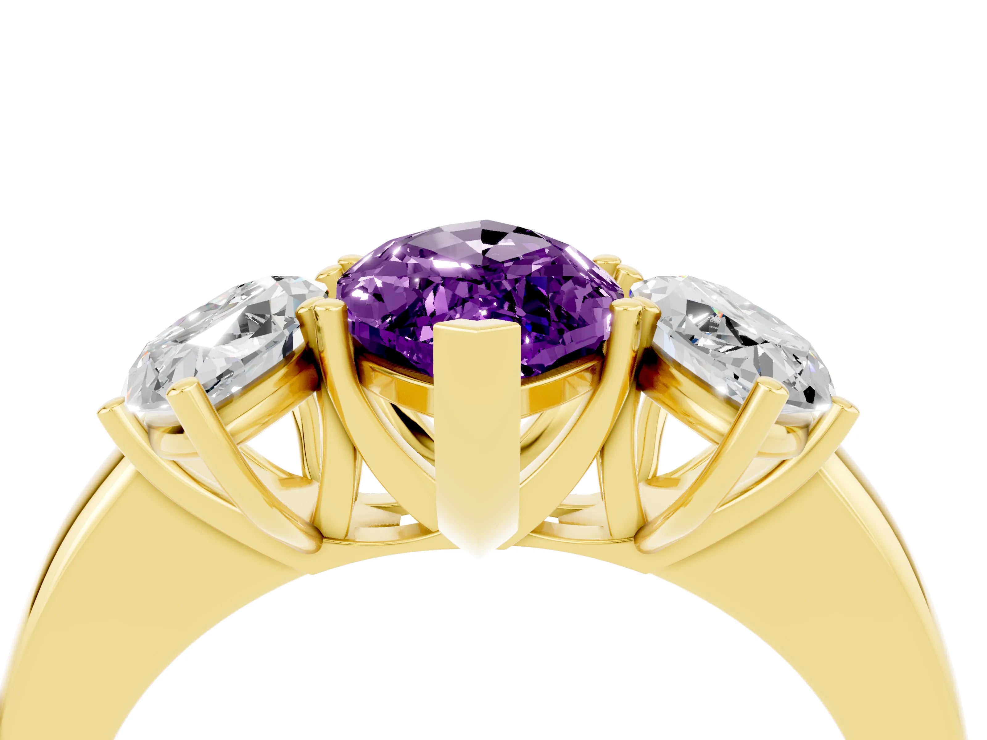 Yellow gold Marquise Cut Amethyst Three-Stone Ring with Four-Prong Setting and Classic Band_4