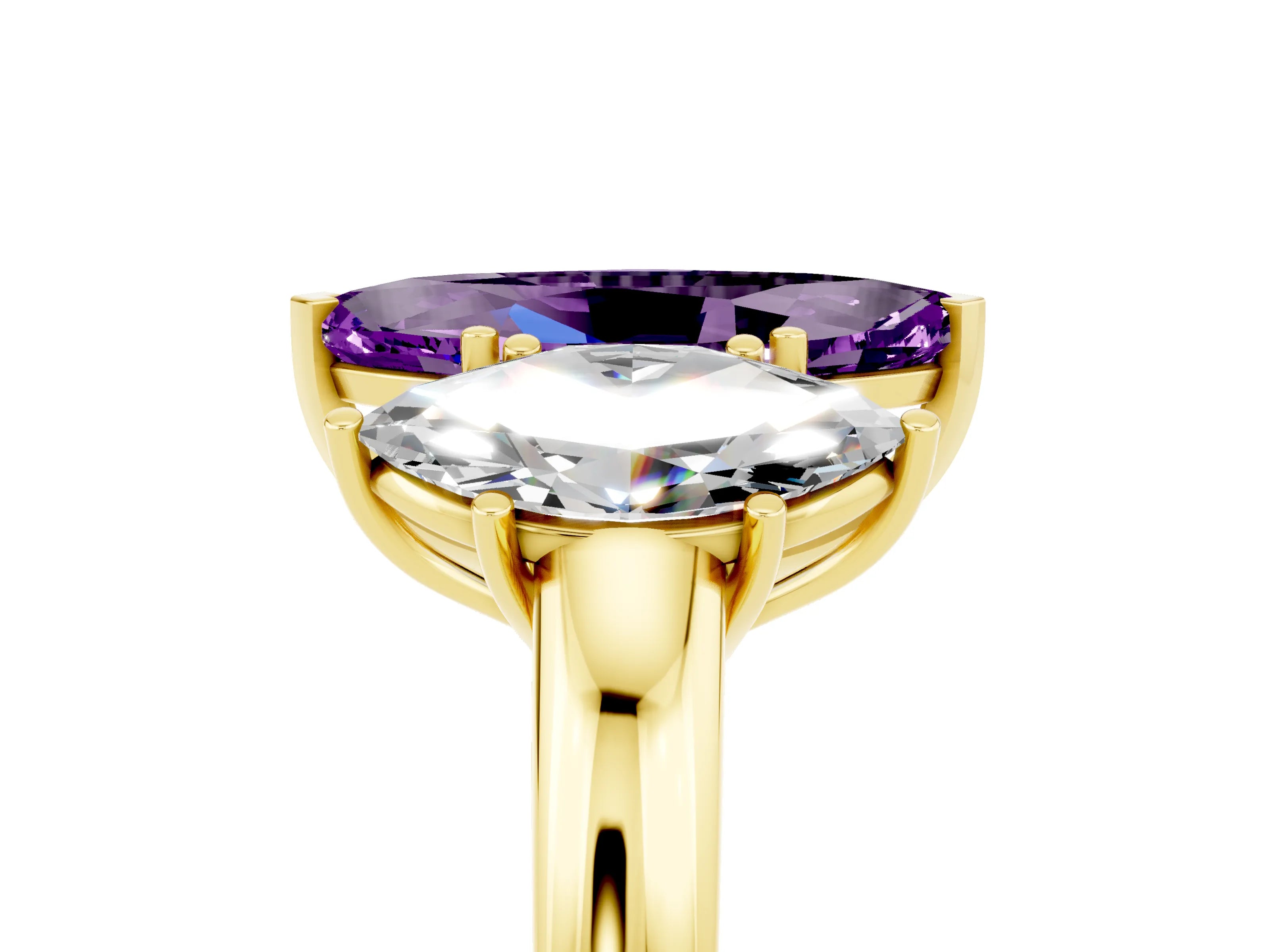 Yellow gold Marquise Cut Amethyst Three-Stone Ring with Four-Prong Setting and Classic Band_5