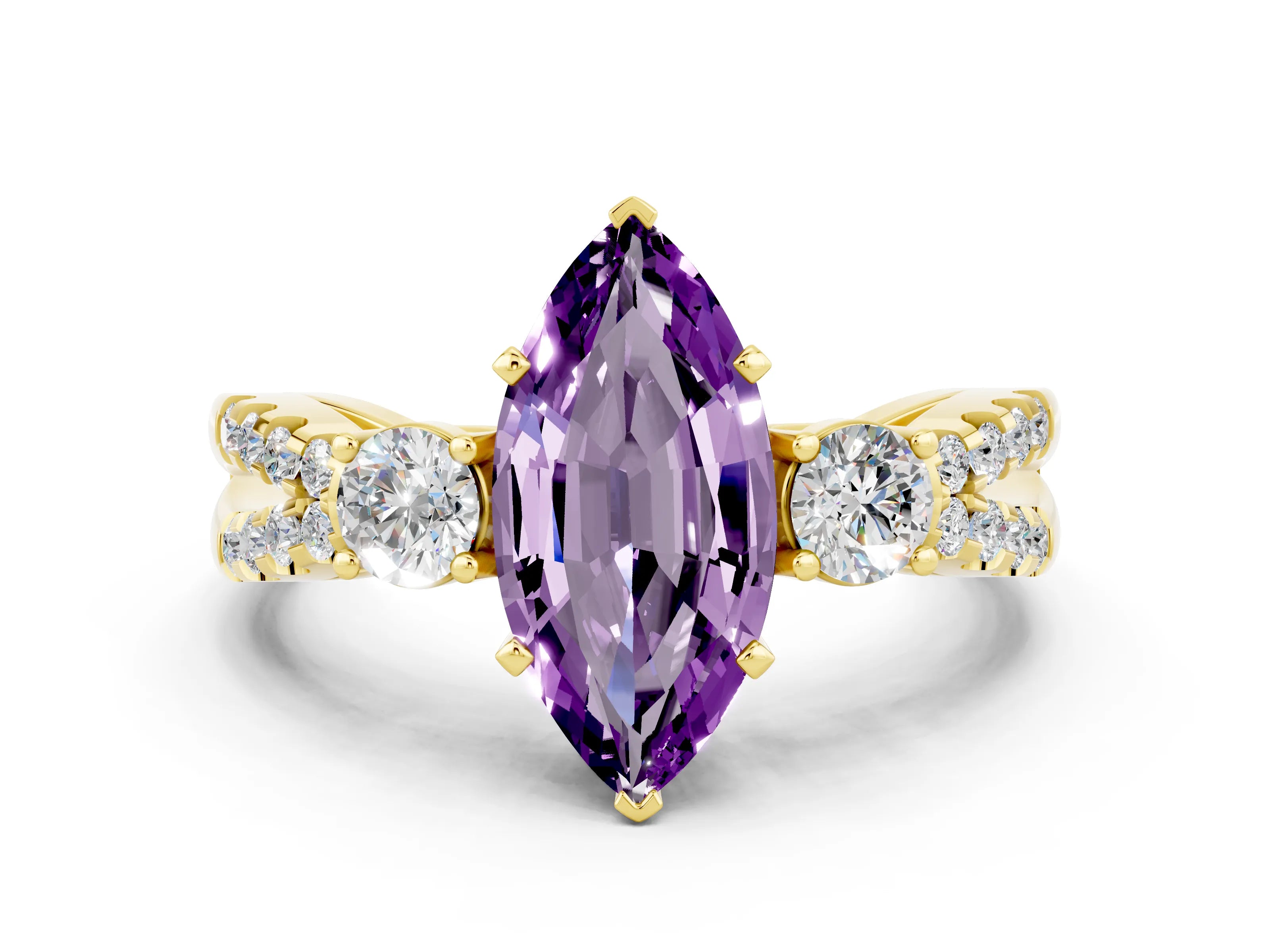 Yellow gold Marquise Cut Amethyst Three-Stone Ring with Pavé Split Shank and Four-Prong Setting_12