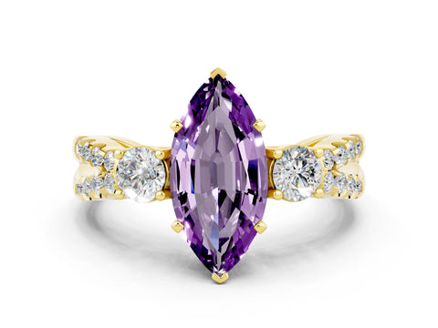 Yellow gold Marquise Cut Amethyst Three-Stone Ring with Pavé Split Shank and Four-Prong Setting_12