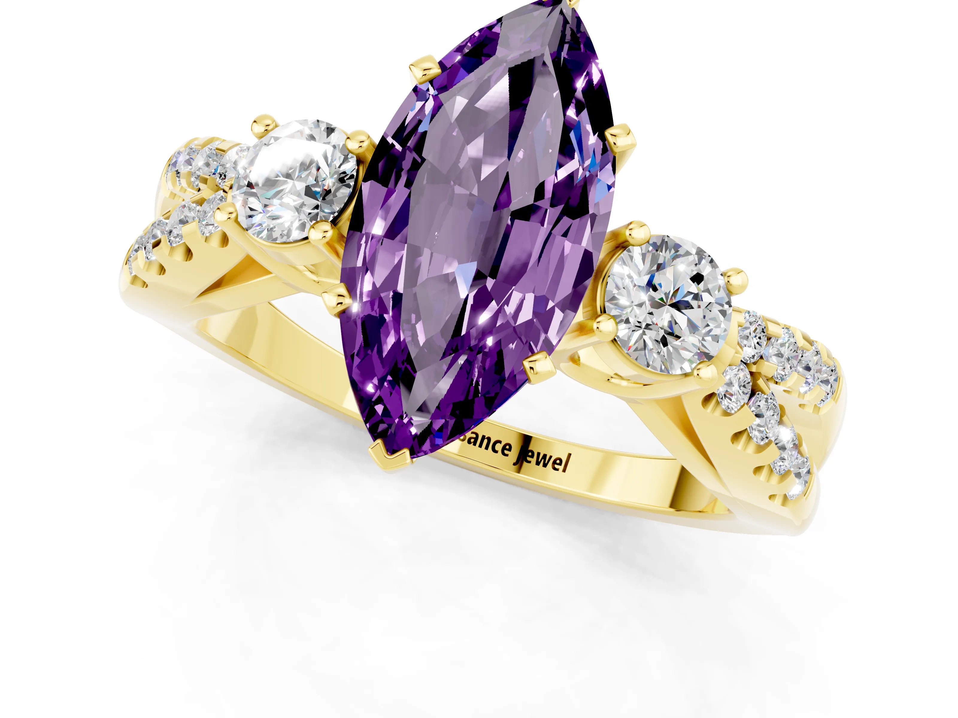 Yellow gold Marquise Cut Amethyst Three-Stone Ring with Pavé Split Shank and Four-Prong Setting_13