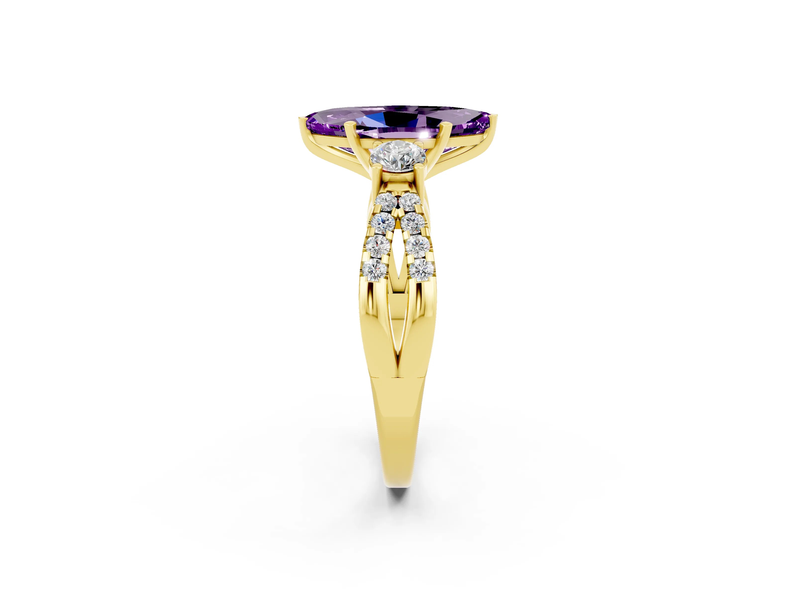 Yellow gold Marquise Cut Amethyst Three-Stone Ring with Pavé Split Shank and Four-Prong Setting_14