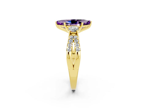 Yellow gold Marquise Cut Amethyst Three-Stone Ring with Pavé Split Shank and Four-Prong Setting_14
