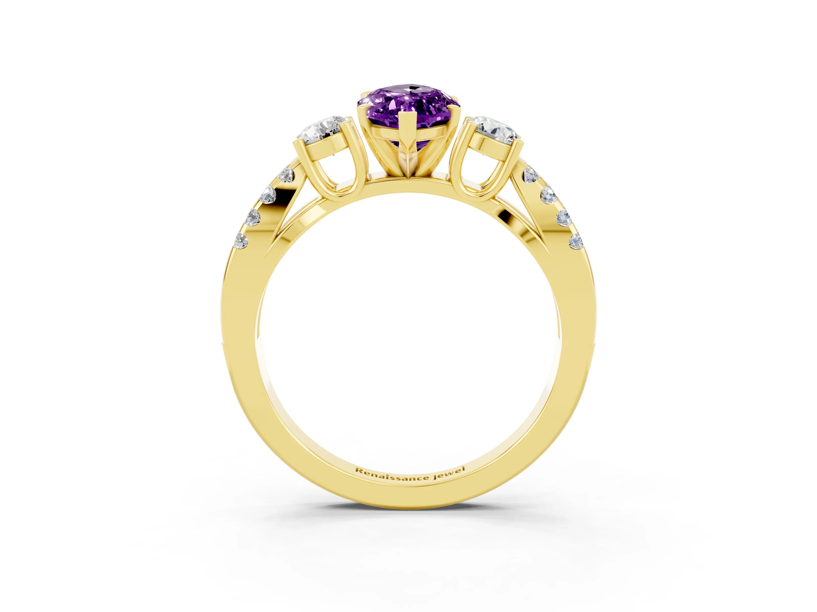 Yellow gold Marquise Cut Amethyst Three-Stone Ring with Pavé Split Shank and Four-Prong Setting_15