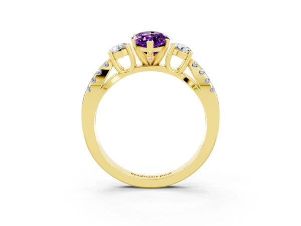 Yellow gold Marquise Cut Amethyst Three-Stone Ring with Pavé Split Shank and Four-Prong Setting