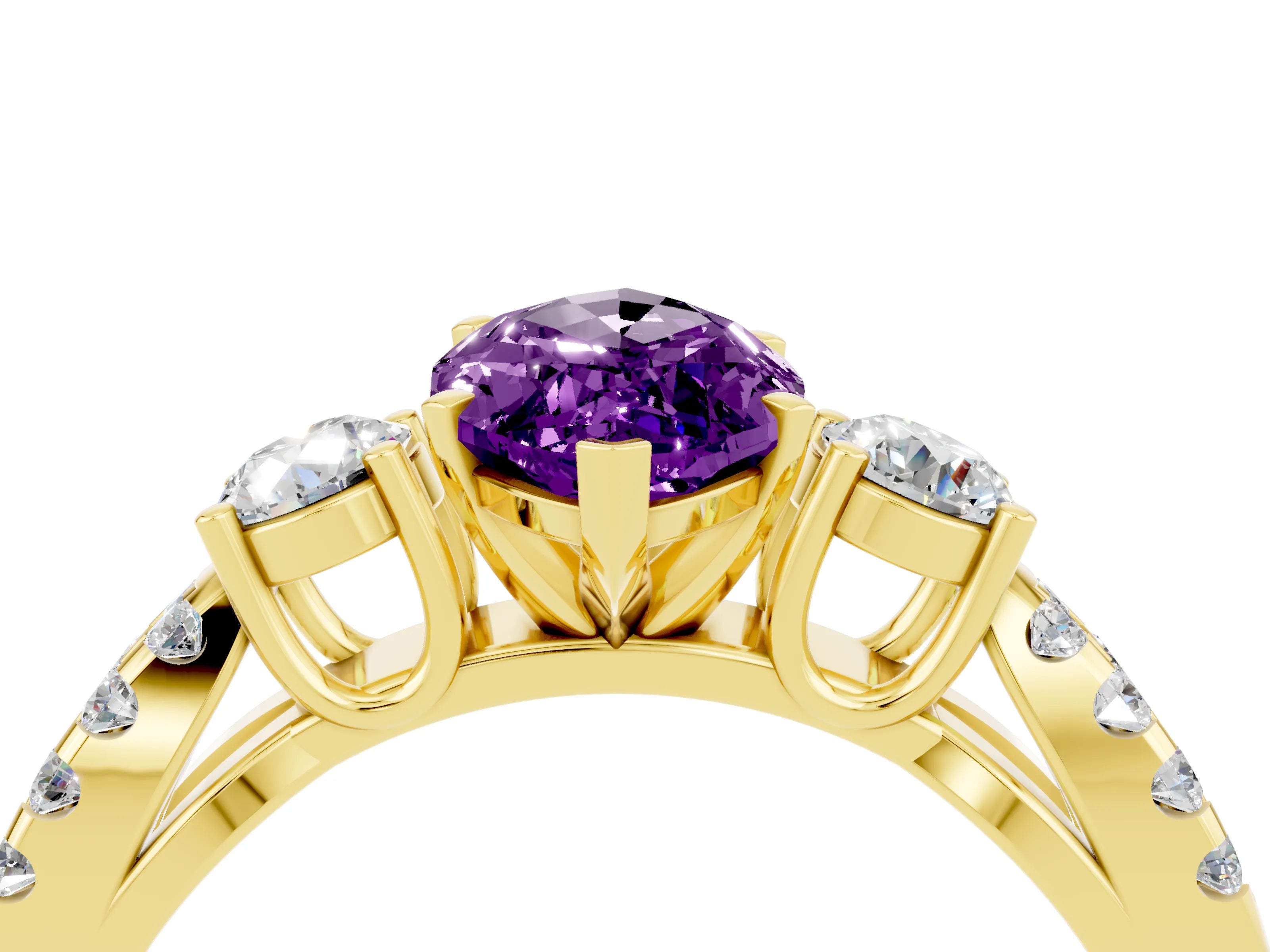Yellow gold Marquise Cut Amethyst Three-Stone Ring with Pavé Split Shank and Four-Prong Setting_16
