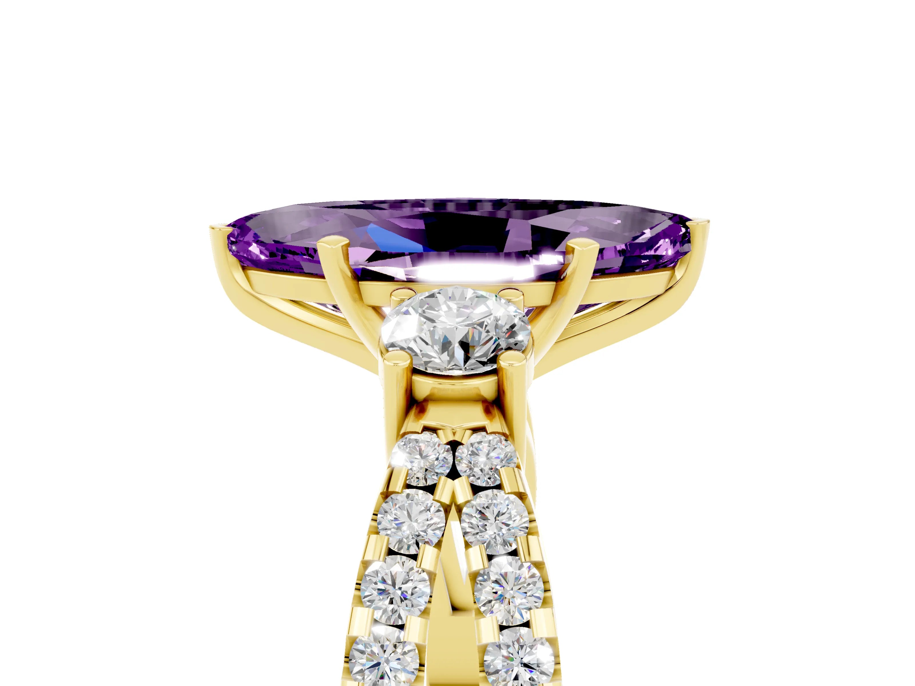 Yellow gold Marquise Cut Amethyst Three-Stone Ring with Pavé Split Shank and Four-Prong Setting_17