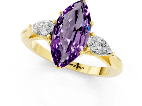 Yellow gold Marquise Cut Amethyst Three-Stone Ring with Pear Side Stones and Four-Prong Setting_13