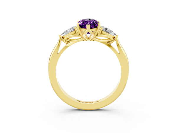Yellow gold Marquise Cut Amethyst Three-Stone Ring with Pear Side Stones and Prong Setting