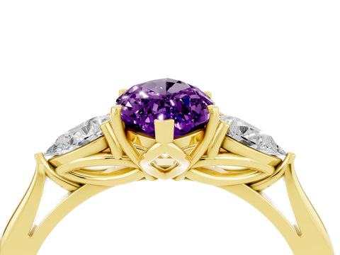 Yellow gold Marquise Cut Amethyst Three-Stone Ring with Pear Side Stones and Four-Prong Setting_16
