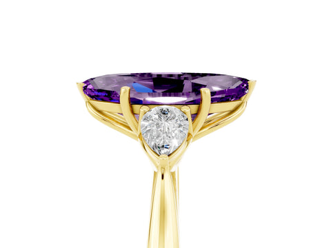 Yellow gold Marquise Cut Amethyst Three-Stone Ring with Pear Side Stones and Four-Prong Setting_17