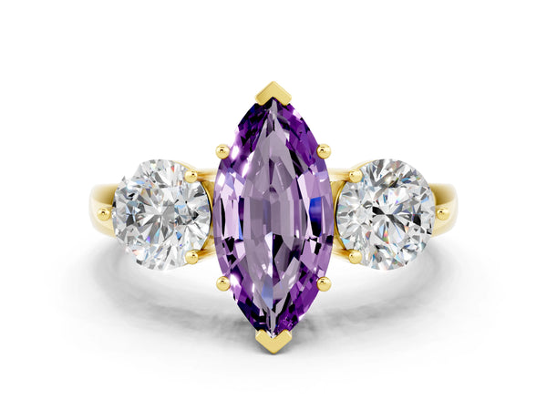 Yellow gold Marquise Cut Amethyst Three-Stone Ring with Prong Setting and Classic Band