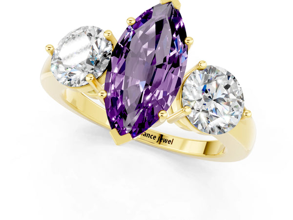 Yellow gold Marquise Cut Amethyst Three-Stone Ring with Prong Setting and Classic Band