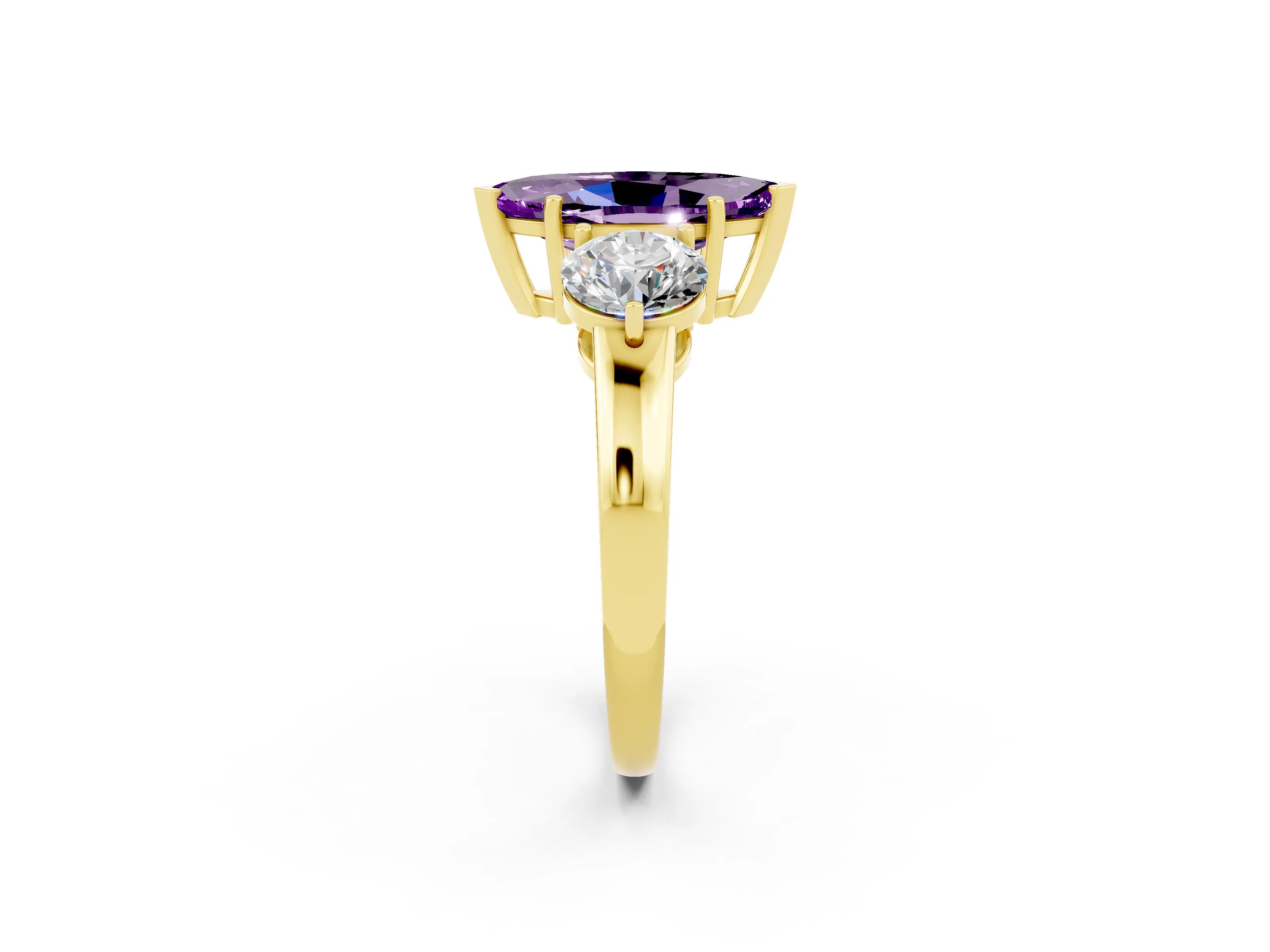 Yellow gold Marquise Cut Amethyst Three-Stone Ring with Prong Setting and Classic Band_2
