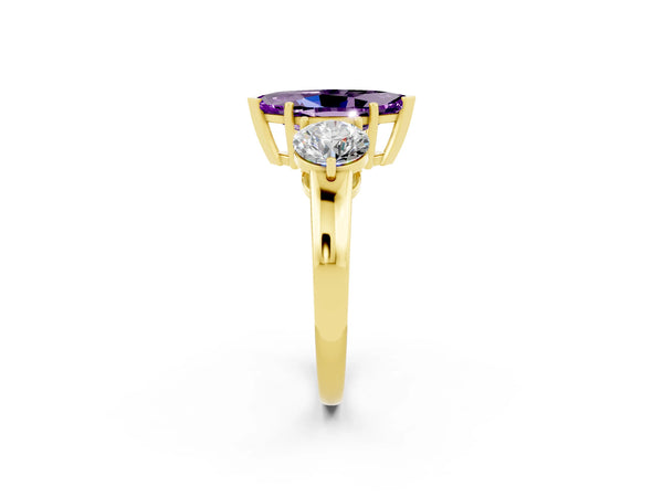 Yellow gold Marquise Cut Amethyst Three-Stone Ring with Prong Setting and Classic Band