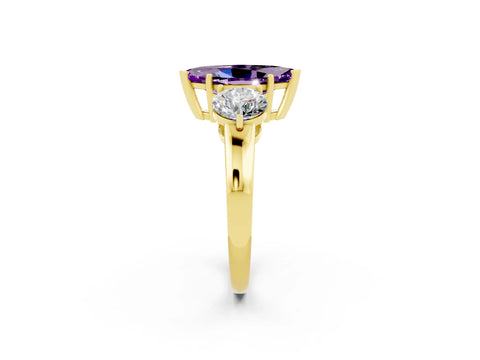 Yellow gold Marquise Cut Amethyst Three-Stone Ring with Prong Setting and Classic Band_2