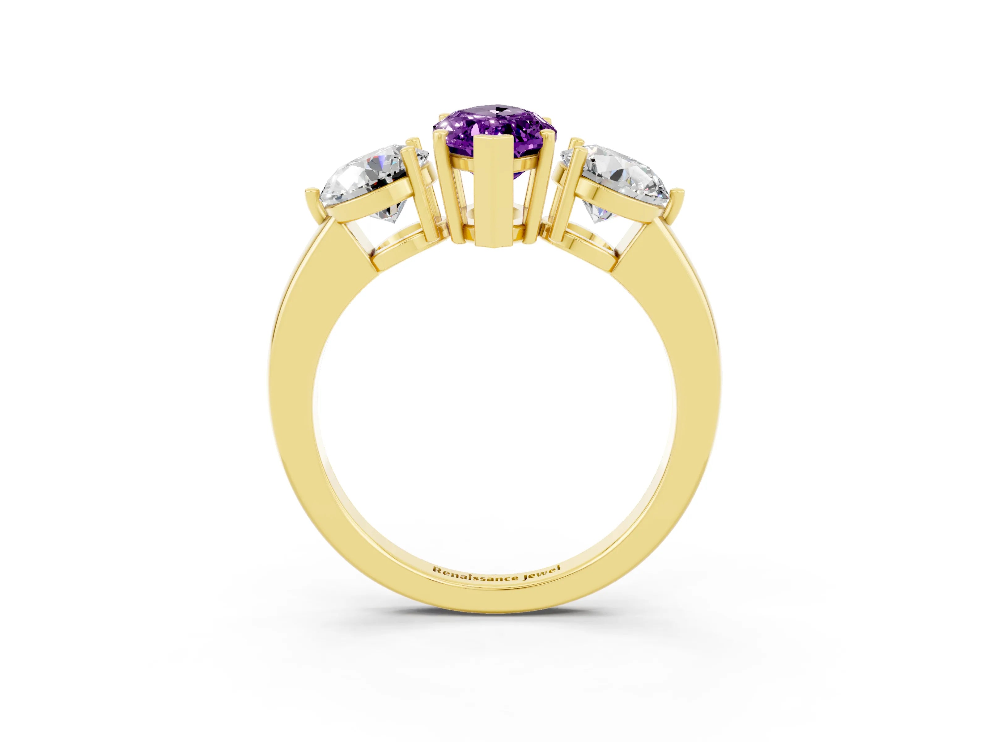 Yellow gold Marquise Cut Amethyst Three-Stone Ring with Prong Setting and Classic Band_3