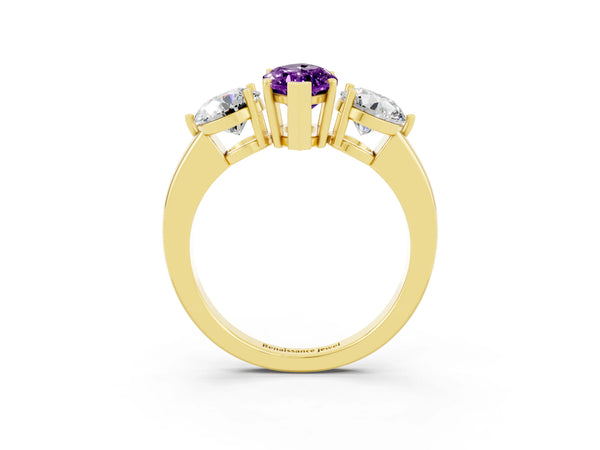 Yellow gold Marquise Cut Amethyst Three-Stone Ring with Prong Setting and Classic Band
