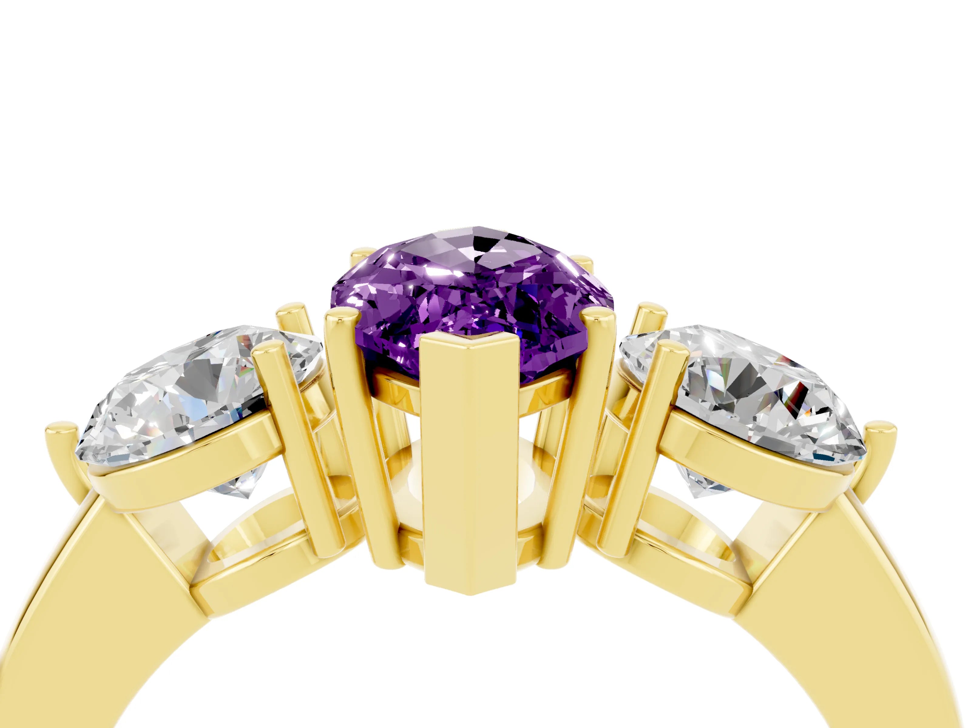 Yellow gold Marquise Cut Amethyst Three-Stone Ring with Prong Setting and Classic Band_4