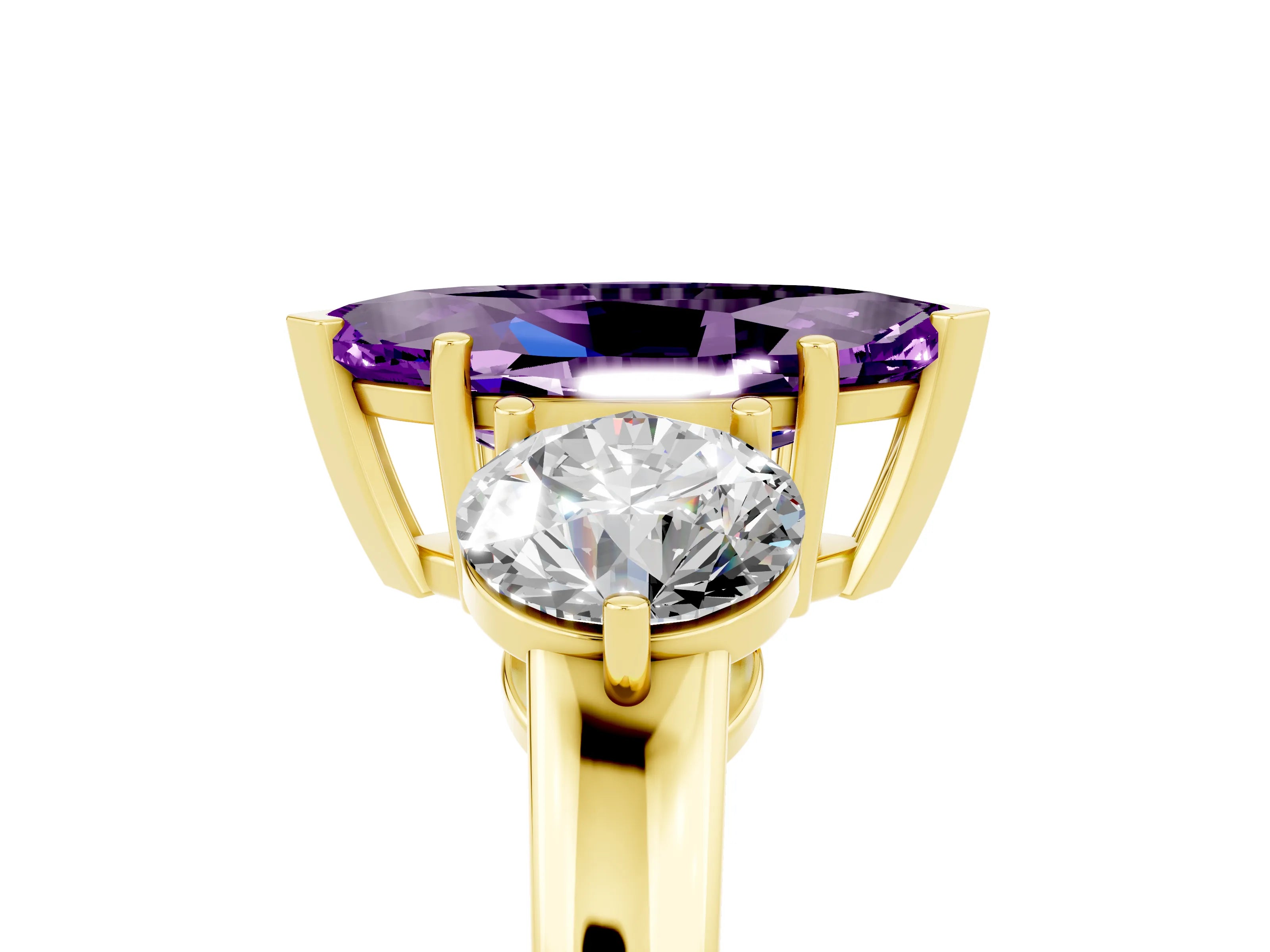 Yellow gold Marquise Cut Amethyst Three-Stone Ring with Prong Setting and Classic Band_5