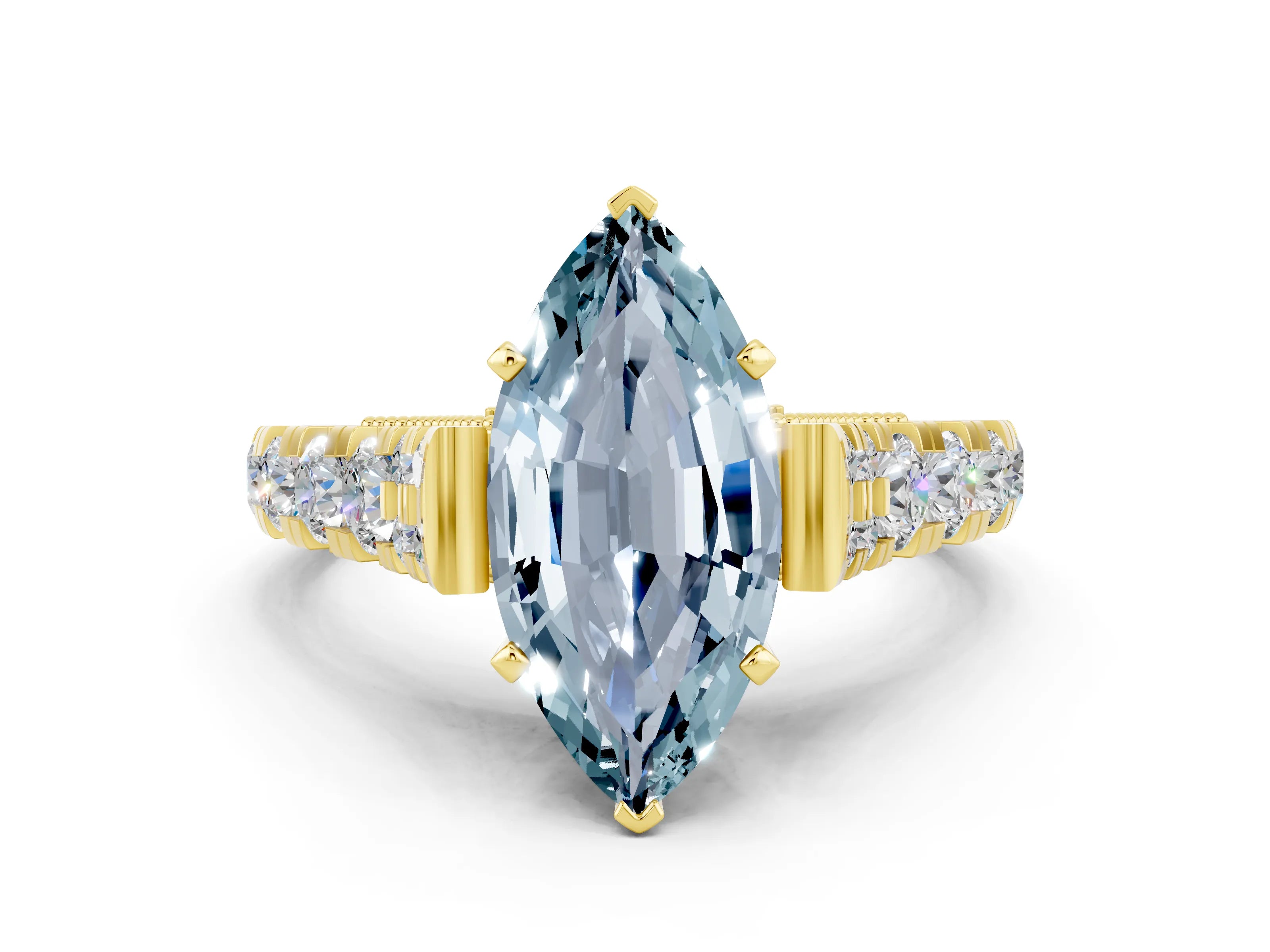 Yellow gold Marquise Cut Aquamarine Classic Solitaire Ring with Pavé Band and Four-Prong Setting