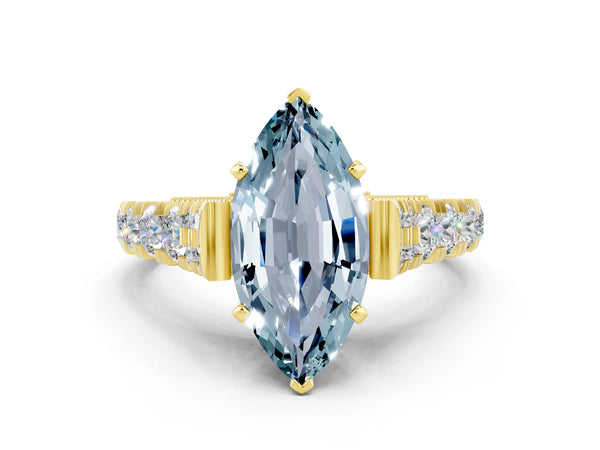Yellow gold Marquise Cut Aquamarine Classic Solitaire Ring with Pavé Band and Four-Prong Setting
