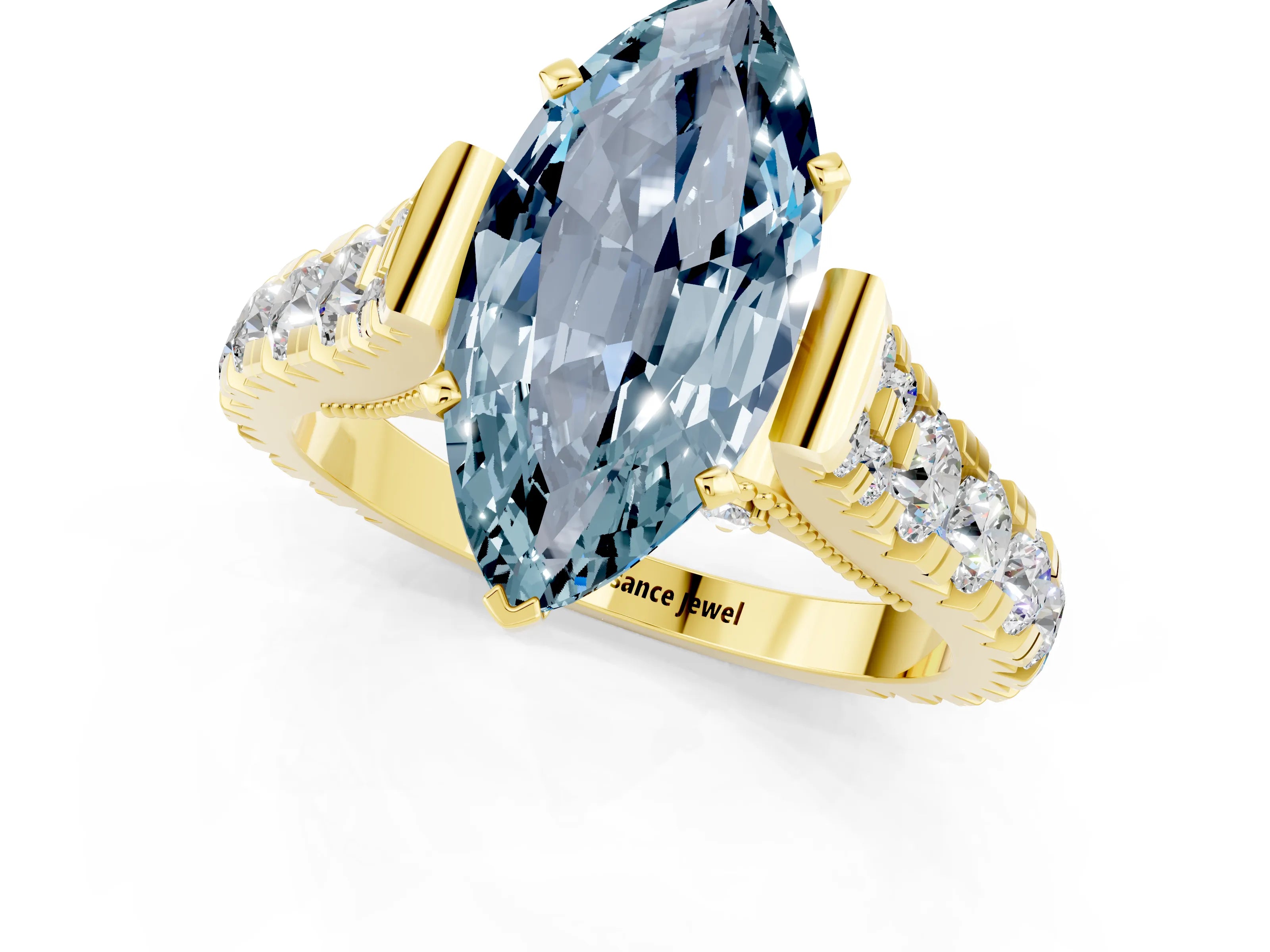 Yellow gold Marquise Cut Aquamarine Classic Solitaire Ring with Pavé Band and Four-Prong Setting_1