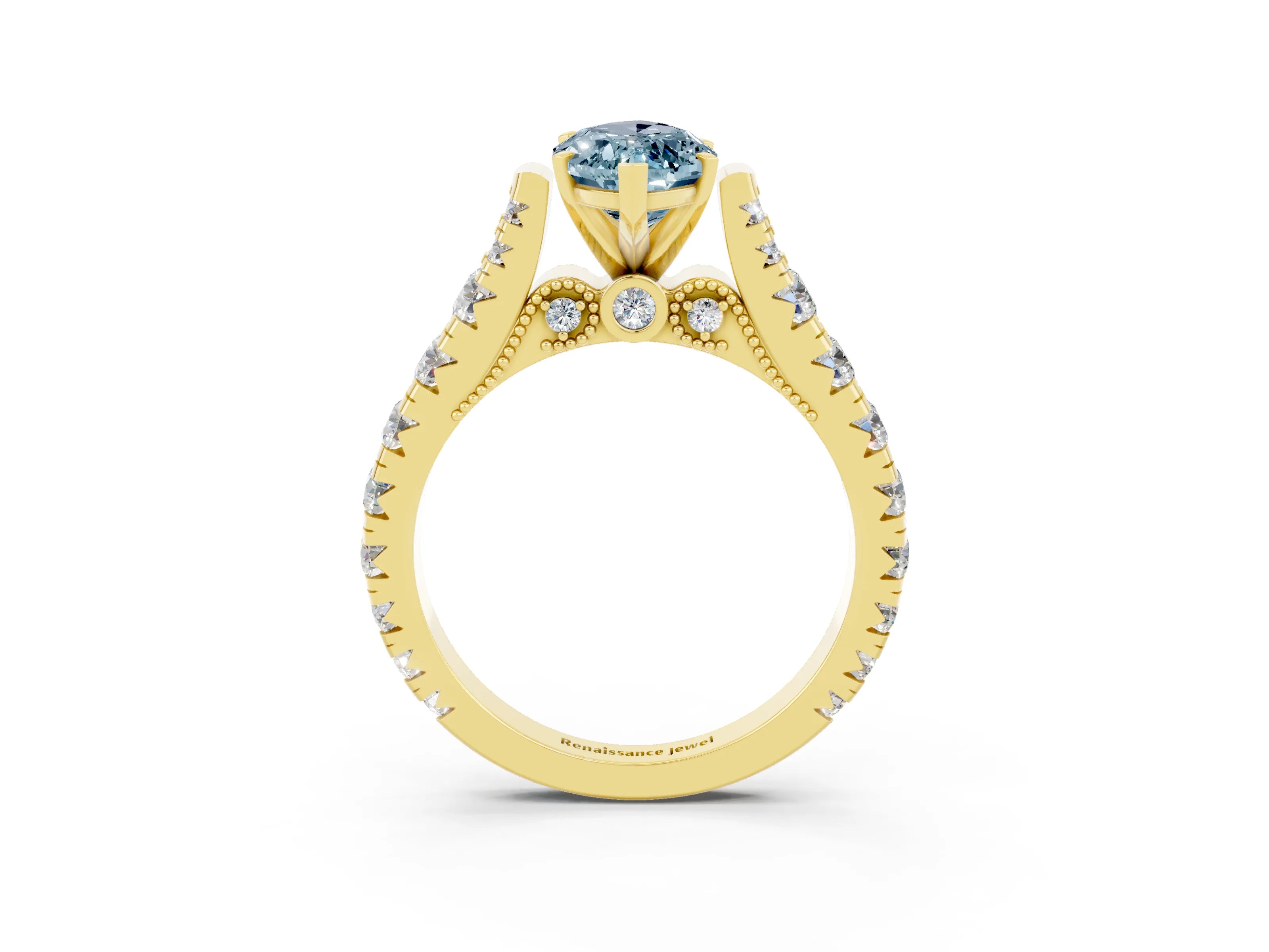 Yellow gold Marquise Cut Aquamarine Classic Solitaire Ring with Pavé Band and Four-Prong Setting_3