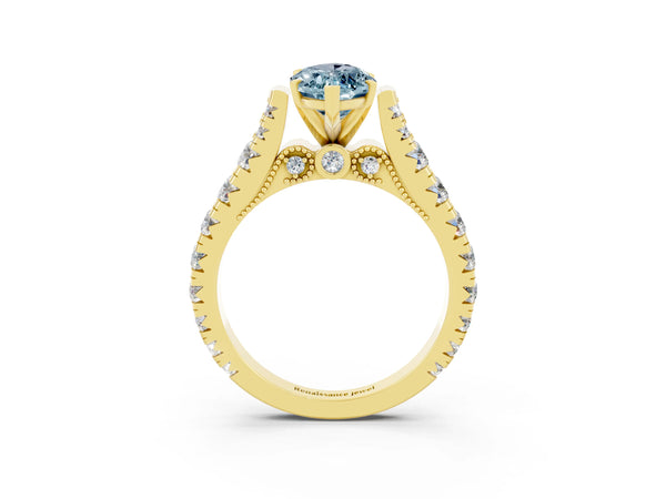 Yellow gold Marquise Cut Aquamarine Classic Solitaire Ring with Pavé Band and Four-Prong Setting