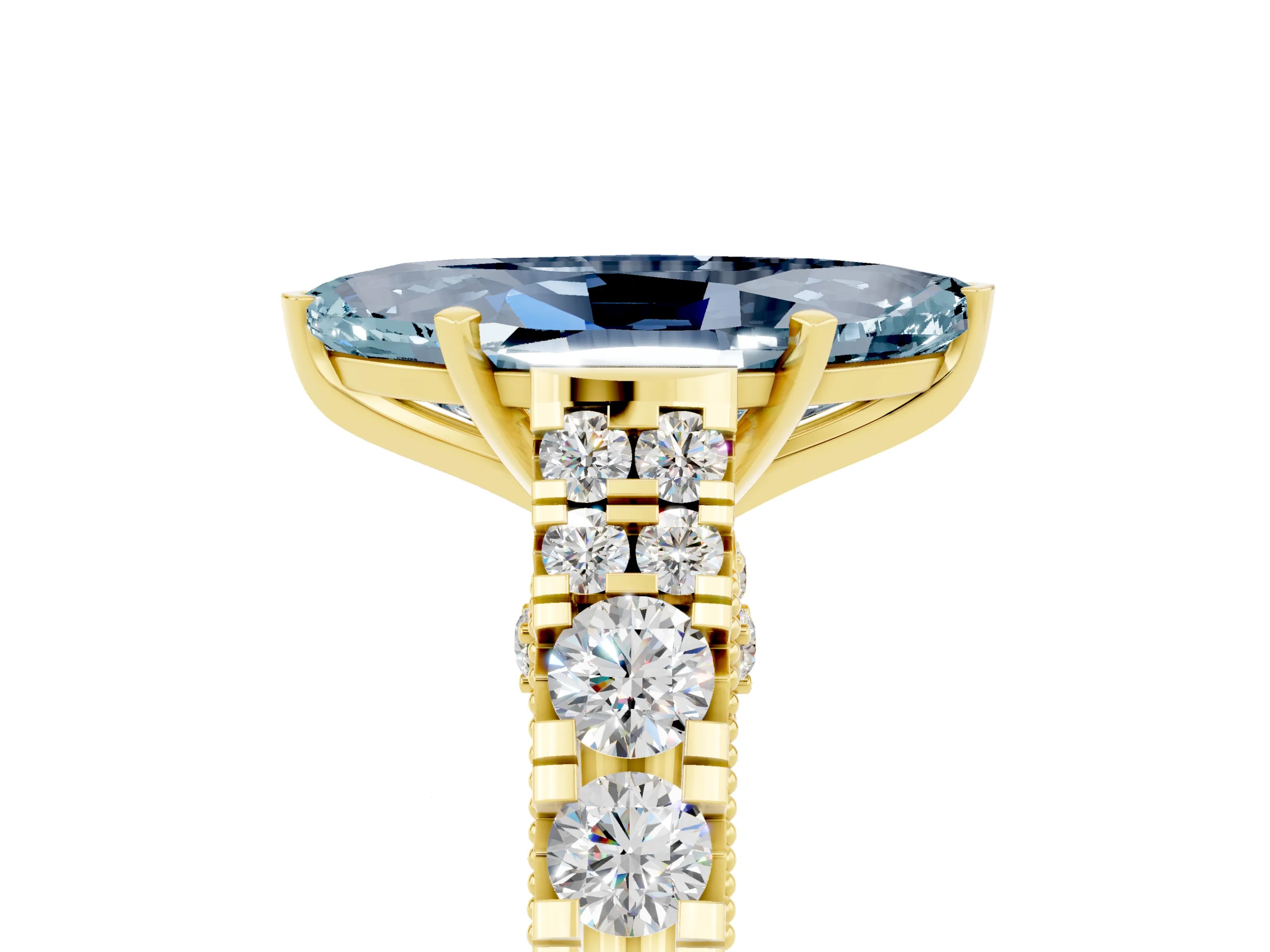 Yellow gold Marquise Cut Aquamarine Classic Solitaire Ring with Pavé Band and Four-Prong Setting_5
