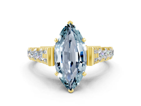 Yellow gold Marquise Cut Aquamarine Classic Solitaire Ring with Pavé Band and Four-Prong Setting