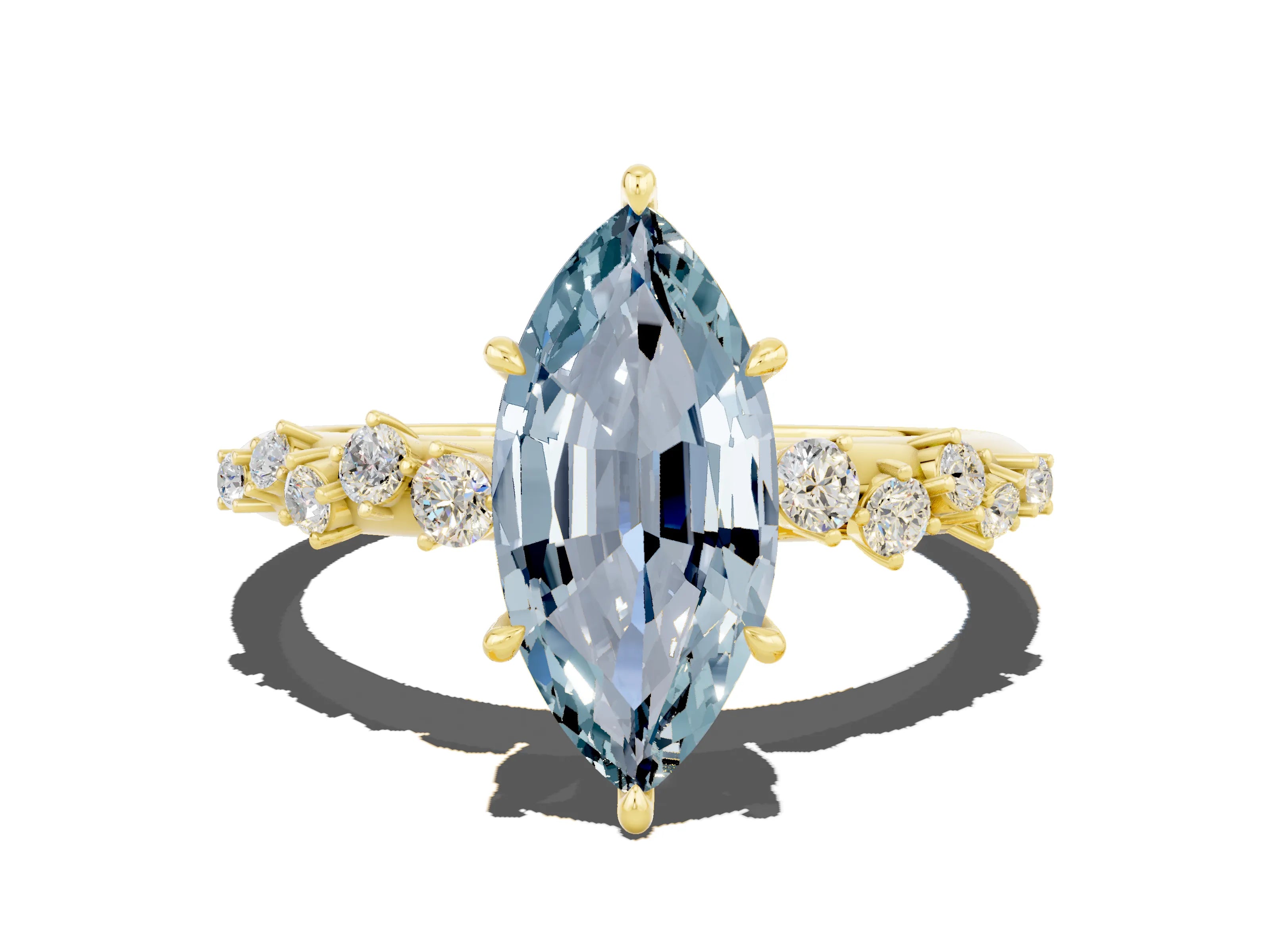 Yellow gold Marquise Cut Aquamarine Cluster Side Stone Solitaire Ring with Prong Setting_24