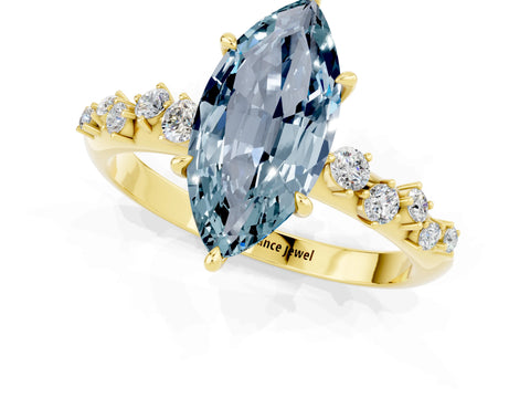 Yellow gold Marquise Cut Aquamarine Cluster Side Stone Solitaire Ring with Prong Setting_25