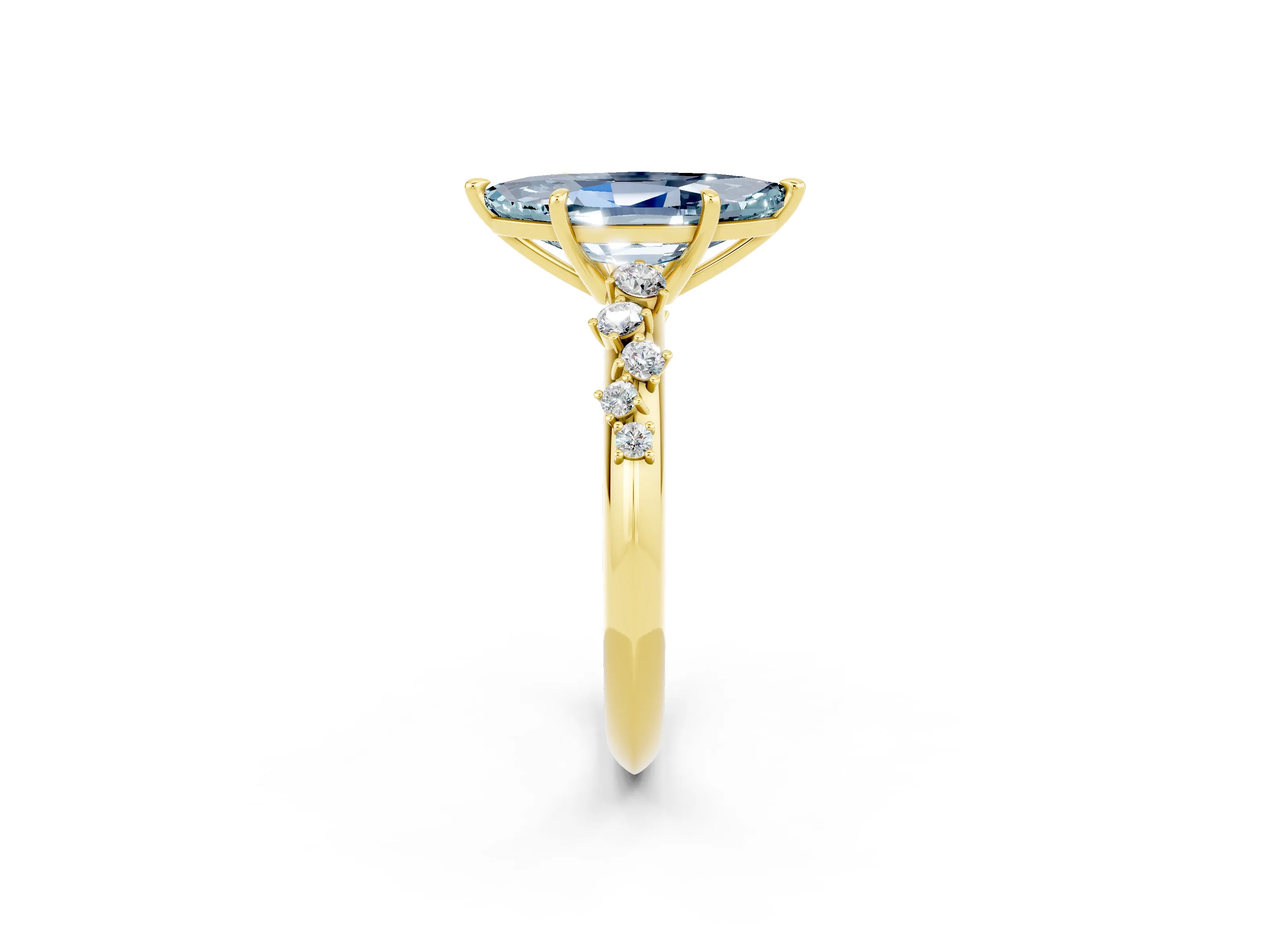 Yellow gold Marquise Cut Aquamarine Cluster Side Stone Solitaire Ring with Prong Setting_26