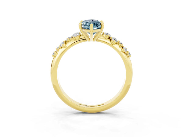 Yellow gold Marquise Cut Aquamarine Cluster Side Stone Solitaire Ring with Prong Setting