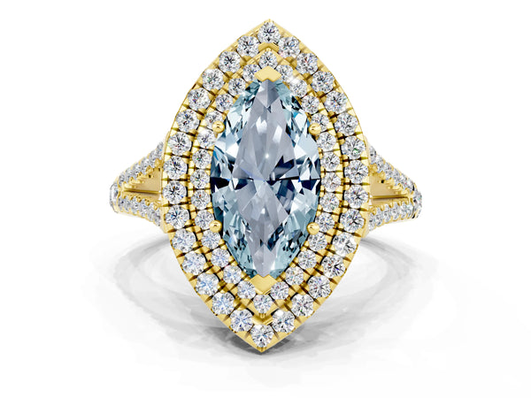 Yellow gold Marquise Cut Aquamarine Double Halo Ring with Pavé Band and Prong Setting