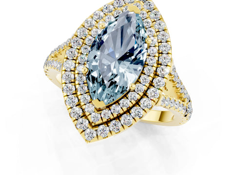 Yellow gold Marquise Cut Aquamarine Double Halo Ring with Pavé Band and Prong Setting_13