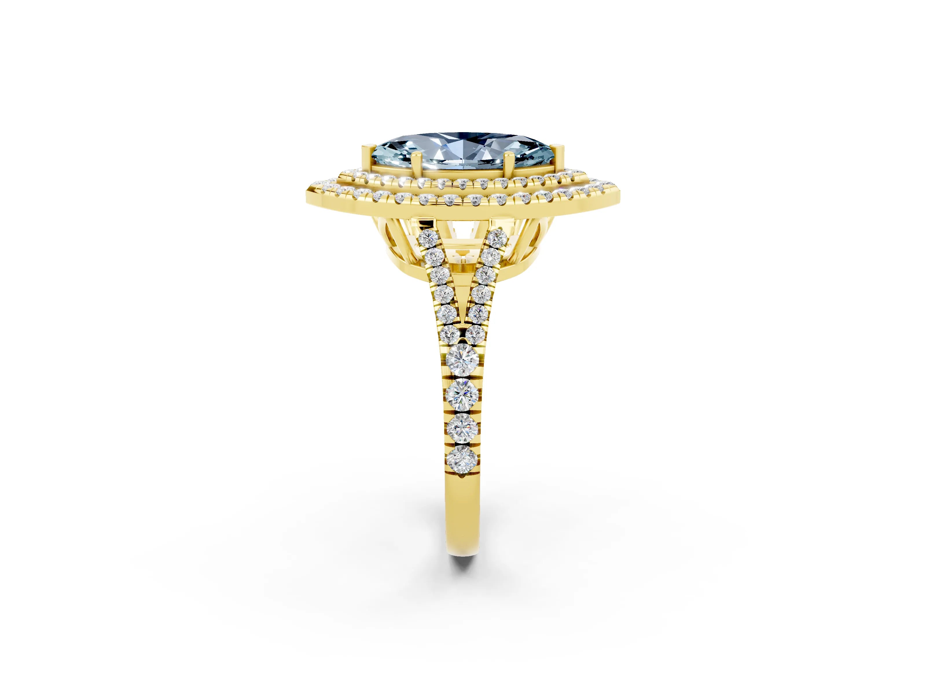 Yellow gold Marquise Cut Aquamarine Double Halo Ring with Pavé Band and Prong Setting_14
