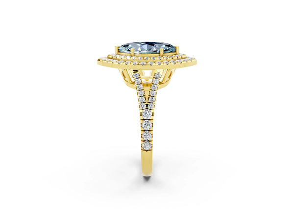 Yellow gold Marquise Cut Aquamarine Double Halo Ring with Pavé Band and Prong Setting